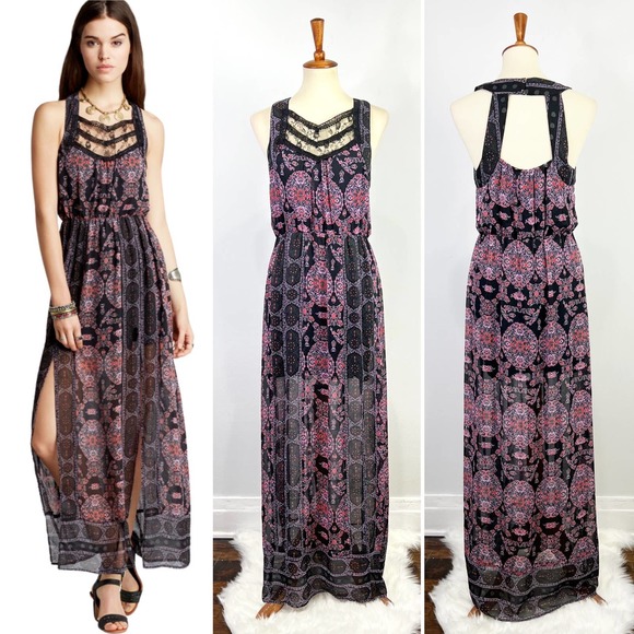 Free People black boho moroccan maxi dress lace high slit front panel Size Small - Picture 1 of 8